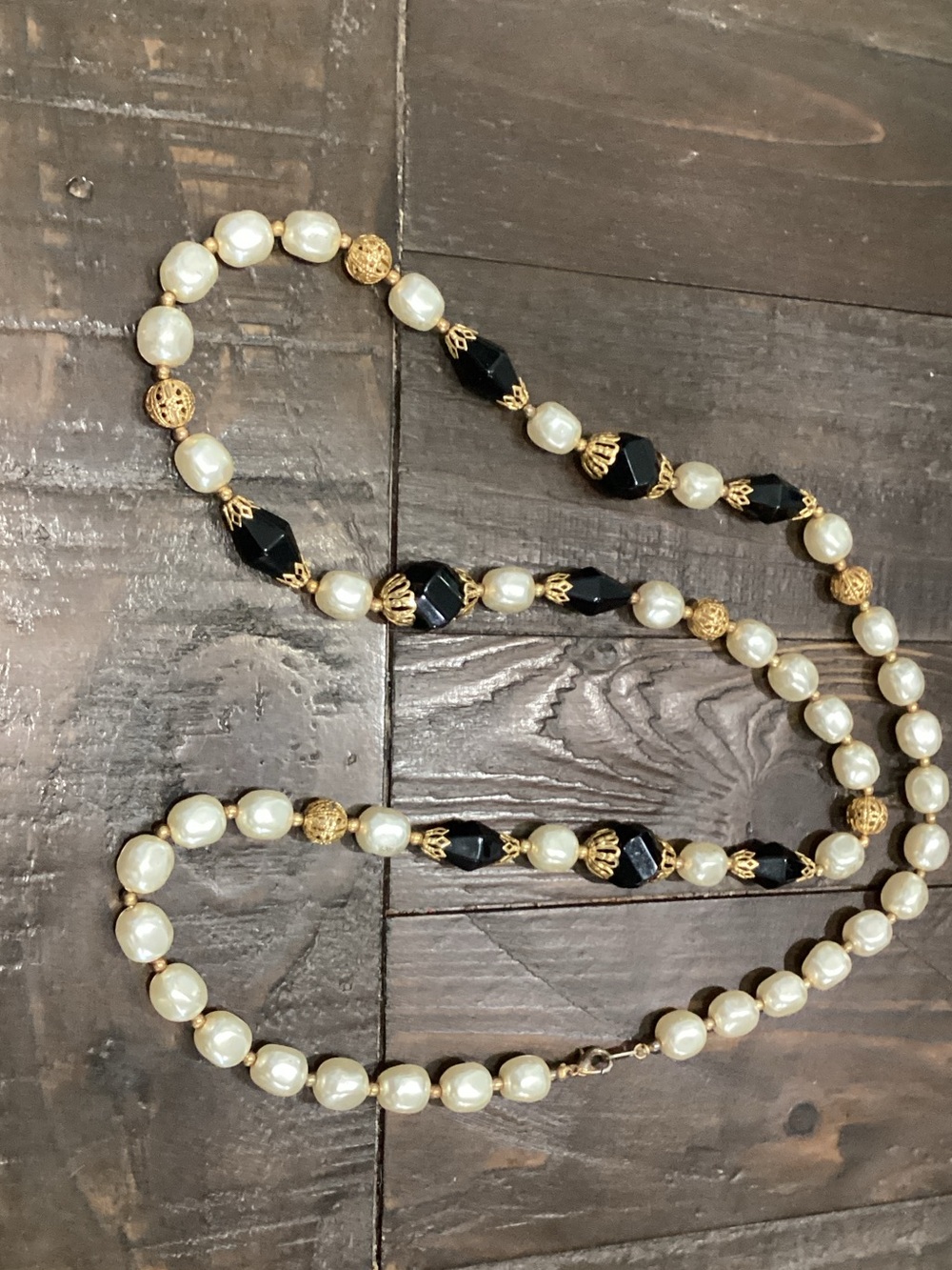 Classic Pearl and Black Bead Necklace with Gold Accents - Women Jewelry